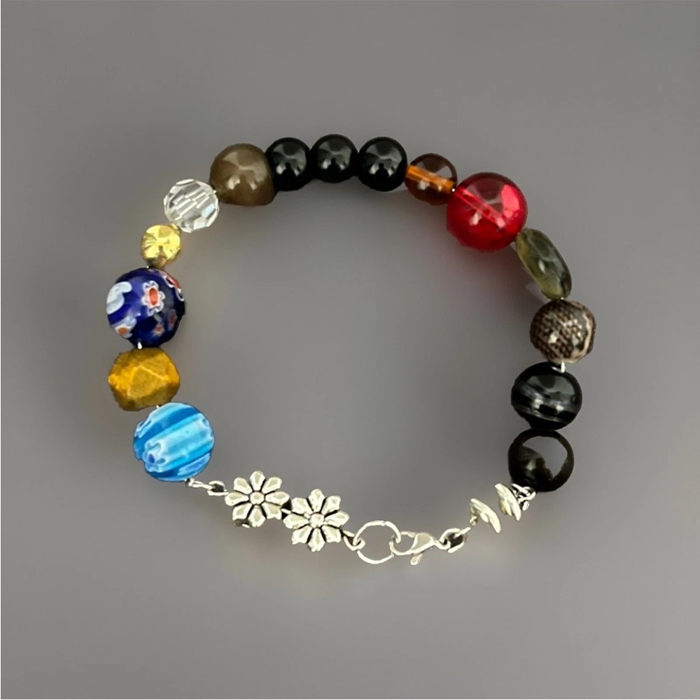 Multicoloured beaded wire bracelet with silver flower charms Handmade #festival - Picture 2 of 5